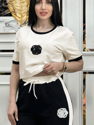 Flower Printed White Black Colour Track Suit For Girls